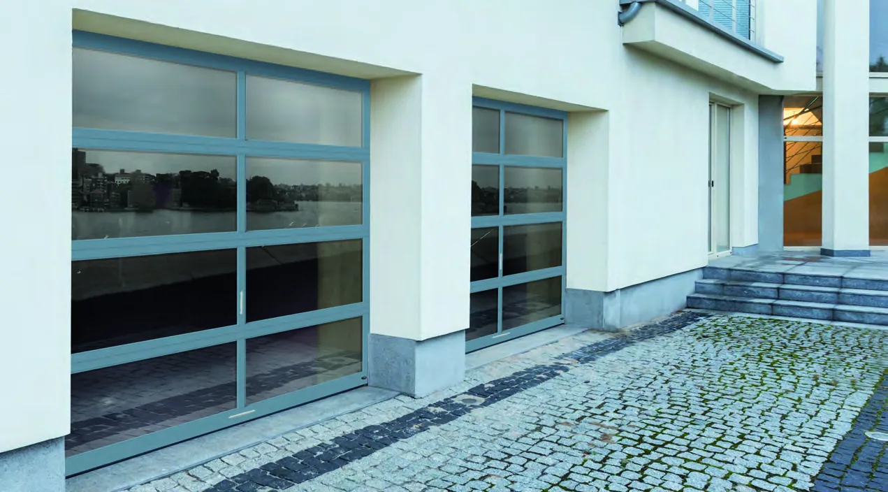 Amarr aluminum full-view garage door with powder coat finish in blue gray