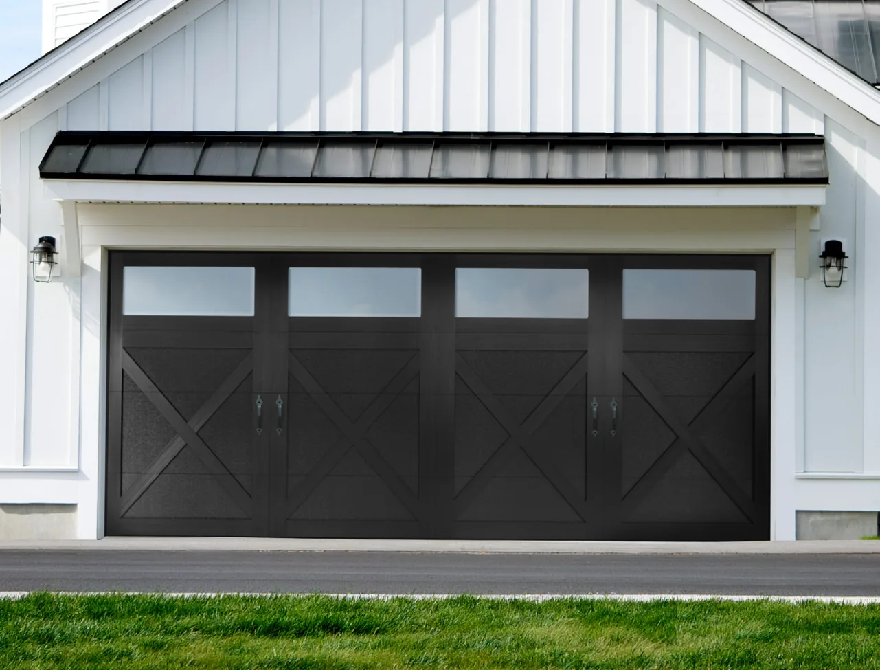 Amarr Carriage Court Rosemont garage door in black on a Pacific Northwest home
