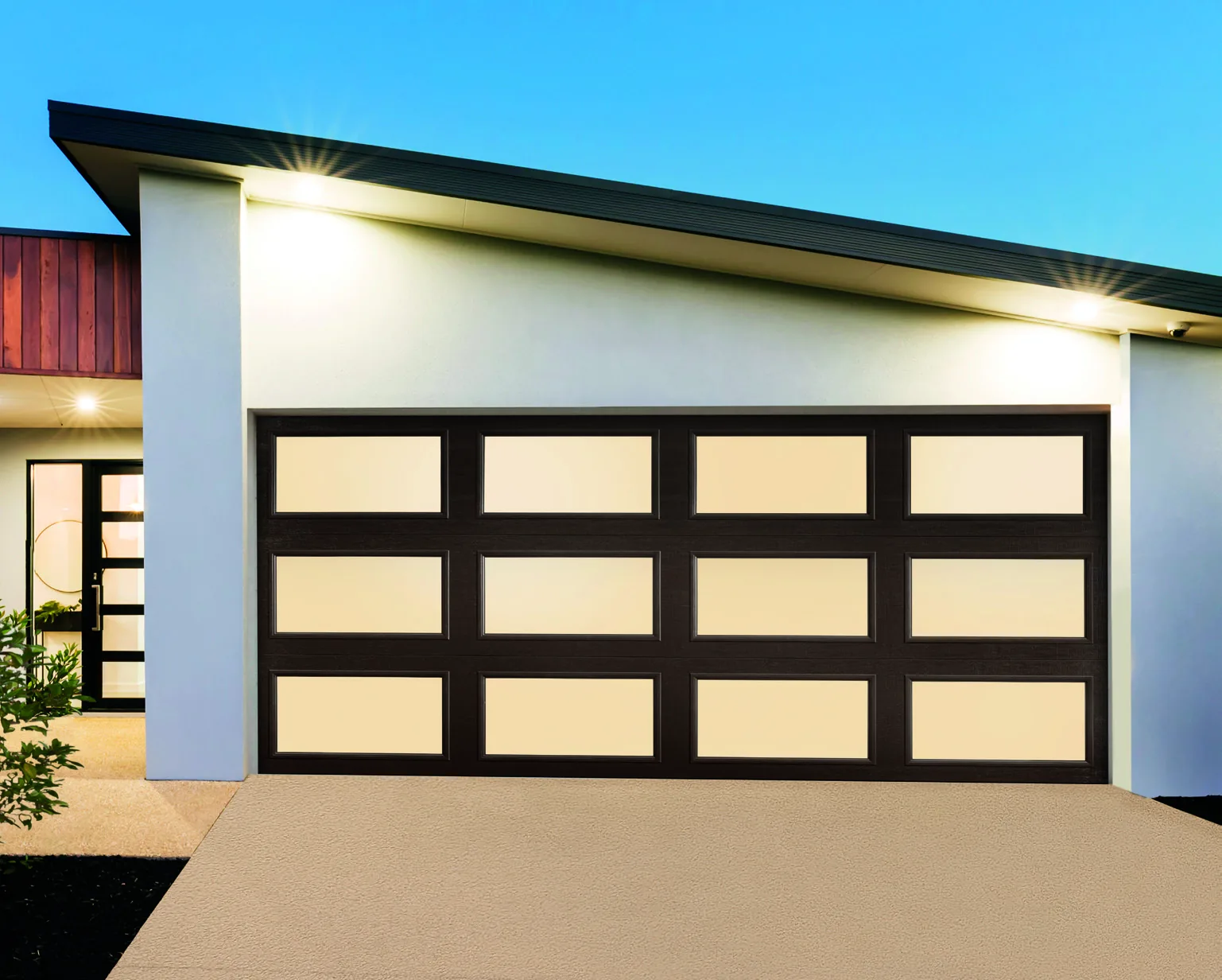 Amarr Classica Full View garage door with frost glass in dark brown