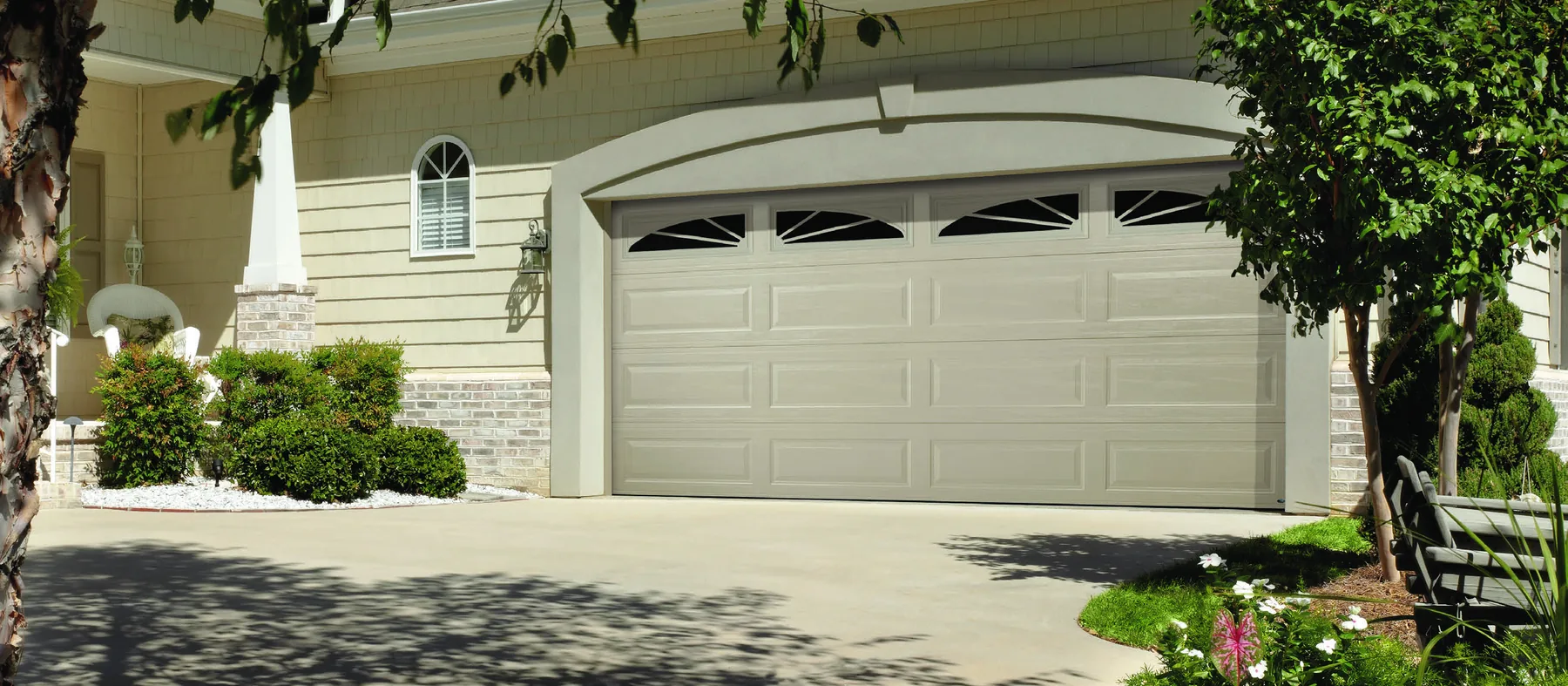Amarr Olympus long panel garage door in sandtone