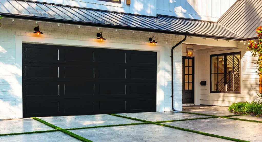 Amarr Olympus long recessed panel garage door in black showing insulated triple-layer steel construction