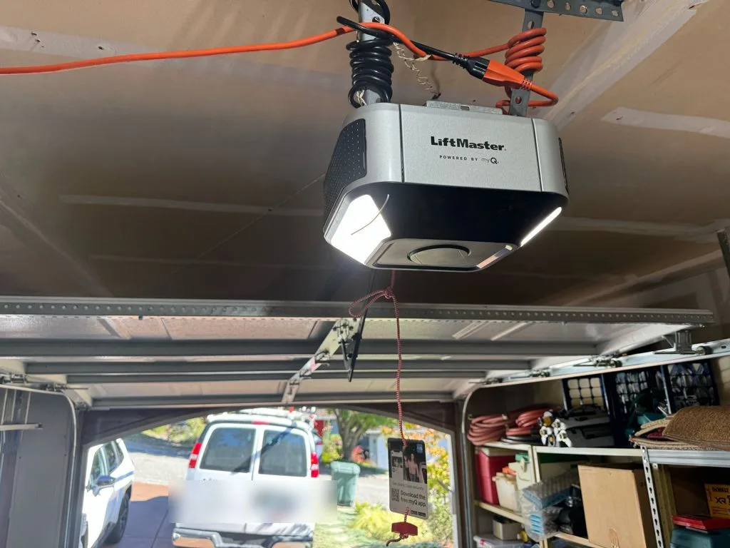 New LiftMaster opener with built-in LED lighting mounted to the ceiling